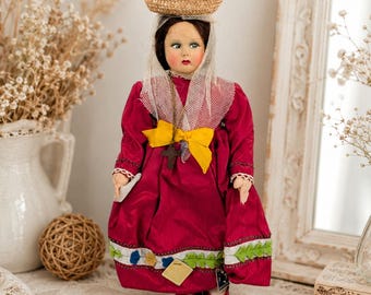 Vintage Italian Doll Magis Roma Sicily Folk Costume Basket Head 12” Cloth Folk
