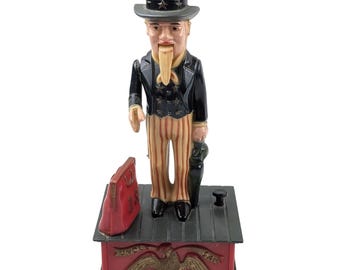 Vintage Style Uncle Sam Mechanical Coin Bank 10in Plastic Repro Patriotic Toy