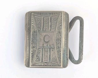 Hebilla de cinturón antigua de tono plateado grabada con monograma C, patente n.° 1783854, vintage.