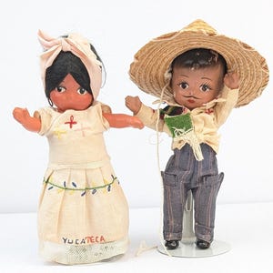 Vintage Mexican Folk Art Dolls – 2 Painted Papier-Mâché Figures – Yucateca & Sombrero