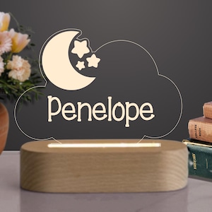 Moon and Stars Night Light, Personalized Cloud Nursery Decor, Custom Engraved LED Light, Nightlight with Name, Kid Room