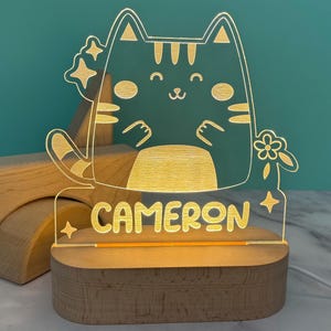 Personalized Cat Night Light, Kitty Cat Nursery Decor, Kids Room Decor, Custom Engraved LED Light, Nightlight with Name, Baby Shower Gift