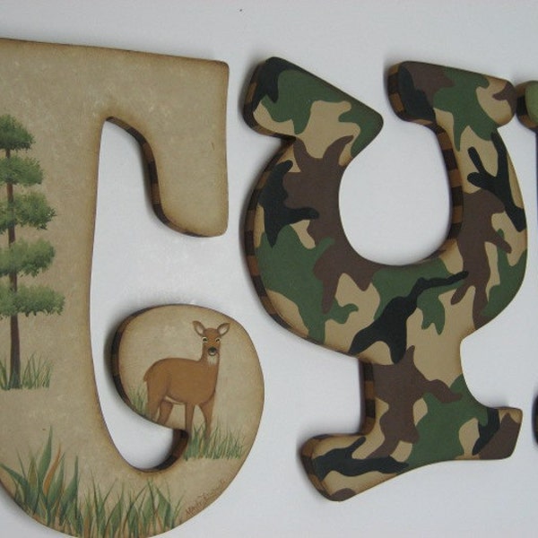 Camo Hunting Outdoor Theme  Nursery Handpainted Wall letters  with Buck and Doe