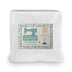 May include: A package of white Sew-in Interfacing sheets, wrapped in clear plastic. The label features a teal sewing machine graphic and text that reads "Sew-in Interfacing". The package includes 60 precut 12.5" sheets.