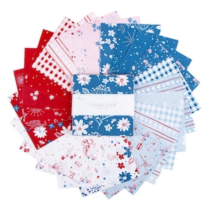 May include: A stack of square fabric swatches arranged in a fan pattern, featuring red, white, and blue colors with floral, star, and gingham prints. A white paper band wraps around the center, printed with the text Firework Fields.
