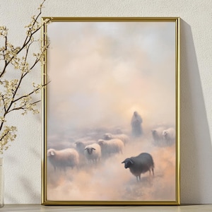 Serene Jesus Leaves the 99 Downloadable Wall Art, Lost Sheep and Shepherd PNG, Christian Home Decor, Religious Impressionist Artwork