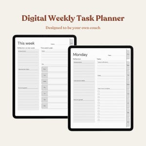Op de afbeelding: Een digitale wekelijkse takenplanner met een grijze achtergrond en zwarte tekst. De planner bevat secties voor reflectie, doelen, taken en ruimte voor groei. De planner is ontworpen om je eigen coach te zijn.