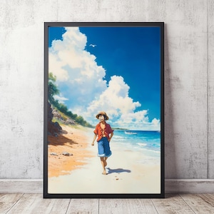 Luffy Relaksujący się na Plaży Fan Art, Studio Ghibli Anime Art Zainspirowany Maxfield Parish Impresjonistycznym Obrazem Olejnym, Manga Digital Png Pobierz