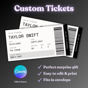 May include: A printable ticket template for a Taylor Swift concert. The ticket is white with black text and a barcode. The text on the ticket includes the date, location, section, row, and seat. The ticket also includes the text "Presented by your BFF".