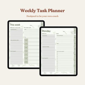 May include: A weekly task planner with a green and white floral design. The planner includes sections for reflection, tasks, goals, and room for growth. The planner is designed to be your own coach.