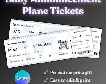 Editable Blue Pregnancy Announcement Plane Ticket, Printable Baby Surprise Ticket, Grandpa Grandma Gift, Baby Shower, Digital Download Canva