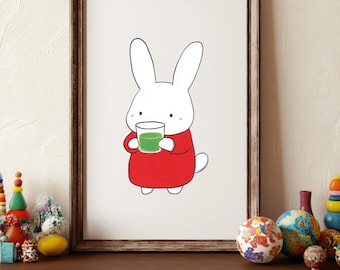 Ensemble de clipart lapin matcha, Style Art Miffy, art mural minimaliste enfantin mignon coloré, sous-verre art PNG à télécharger, lapin en sirotant une tasse de matcha