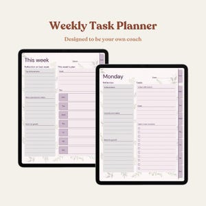 May include: Two digital tablets displaying a weekly task planner. The text "Weekly Task Planner" and "Designed to be your own coach" are at the top. The planner pages have sections for daily tasks, goals, and reflections, with a soft purple and white color scheme.