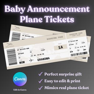 Bearbeitbares Schwangerschaftsankündigungs-Flugticket, druckbares Babyüberraschungsticket, Opa-Oma-Geschenk, Babyparty, digitaler Download Canva