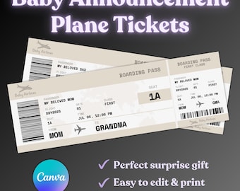 Editable Pregnancy Announcement Plane Ticket, Printable Baby Surprise Ticket, Grandpa Grandma Gift, Baby Shower, Digital Download Canva
