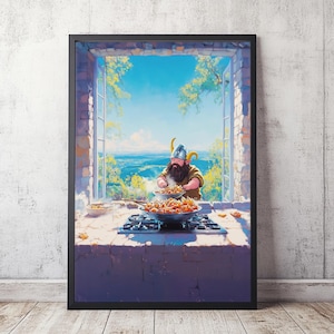 Delicious in Dungeon Anime Inspired Oil Painting, Senshi Cooking Happily With His Wok, Digital Download PNG for Wall Decor and Printing