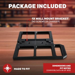May include: A black wall mount bracket with rectangular openings. The text "PACKAGE INCLUDED" is at the top, and "MADE TO FIT" is at the bottom left. The text "1X WALL MOUNT BRACKET" and "DIMENSIONS AND FIT NOTES" are also visible.
