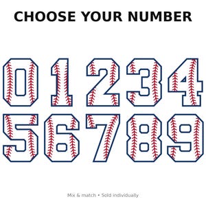 Puede incluir: Una colecci&oacute;n de n&uacute;meros con tem&aacute;tica de b&eacute;isbol del 0 al 9, con un contorno azul marino y costuras rojas. El texto "CHOOSE YOUR NUMBER" est&aacute; en la parte superior. Los n&uacute;meros est&aacute;n dise&ntilde;ados para parecerse a pelotas de b&eacute;isbol.