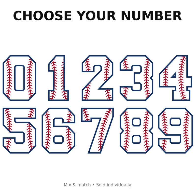 Puede incluir: Una colecci&oacute;n de n&uacute;meros con tem&aacute;tica de b&eacute;isbol del 0 al 9, con un contorno azul marino y costuras rojas. El texto "CHOOSE YOUR NUMBER" est&aacute; en la parte superior. Los n&uacute;meros est&aacute;n dise&ntilde;ados para parecerse a pelotas de b&eacute;isbol.