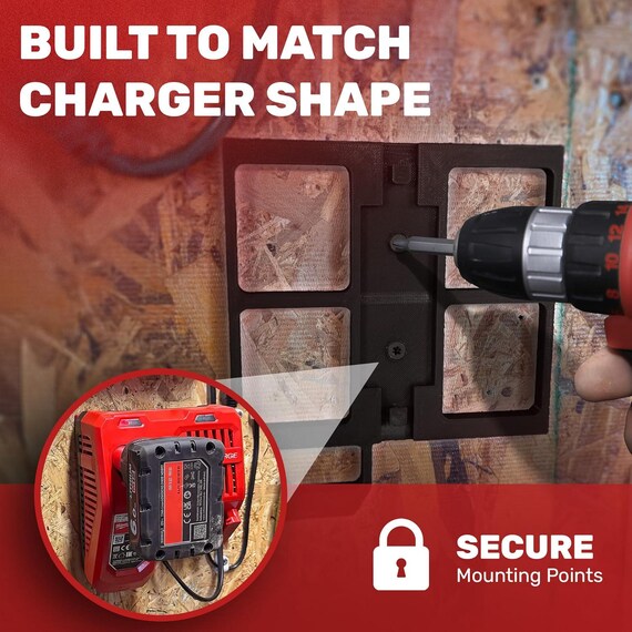 Wall mount bracket installed on pegboard holding Milwaukee 48-59-1812 charger in garage