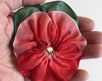 Christmas Red and Green Pansy Ribbon Brooch - Handmade Flower Pin