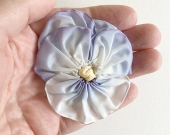 Pale Lilac Pansy Brooch - Handmade with Vintage French Ribbon