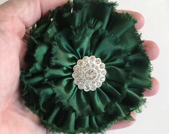 Emerald Green Silk Satin Flower Brooch Frayed Edge Hand Dyed Ribbon with Sparkling Rhinestone Center - Christmas