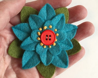 Turquoise Felt Flower Hair Clip with Dark Orange Button and French Knots