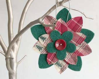 Retro Christmas Ornament Red and Green Felt with Plaid Fabric and Vintage Button Center