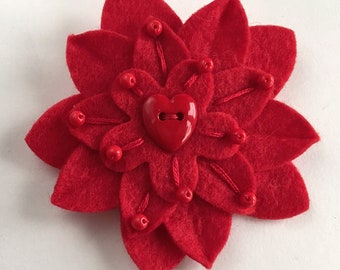 Red Flower Brooch Valentine's Felt Pin with Red Heart Button, Hand Embroidery and Red Czech Glass Beads