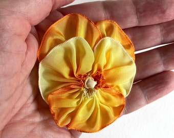 Warm Yellow Vintage French Ombre Ribbon Pansy Brooch - Handmade