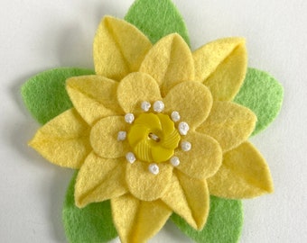 Sunny Yellow Retro Felt Flower Pin with Yellow Vintage Flower Button - Easter Brooch