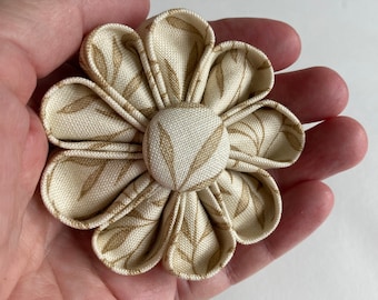 Flower Brooch William Morris Taupe Leaf Pattern with Matching Button, Handmade Boutonniere