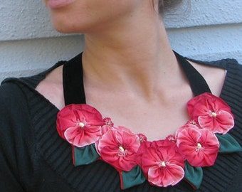 Custom Statement Necklace French Ribbon Pansies with Velvet Ribbon and Chain