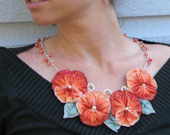 Custom Statement Necklace Orange French Ribbon Pansies with Silver Chain and Beads