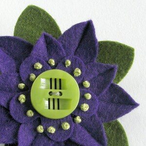 Purple and Green Felt Flower Pin with Chartruese Deco Vintage Button and French Knots image 1