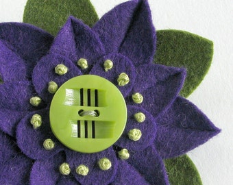 Purple and Green Felt Flower Pin with Chartruese Deco Vintage Button and French Knots