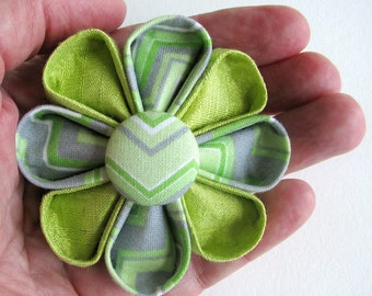 Flower Brooch - Spring Green with Chevron Print - Kanzashi Lapel Pin