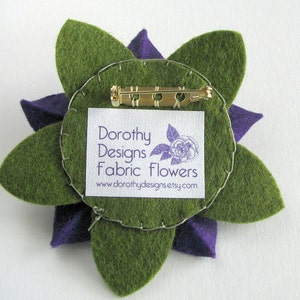 Purple and Green Felt Flower Pin with Chartruese Deco Vintage Button and French Knots image 4