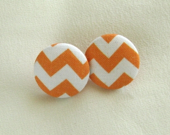 Button Earrings - Orange and White Chevrons - Handmade in USA