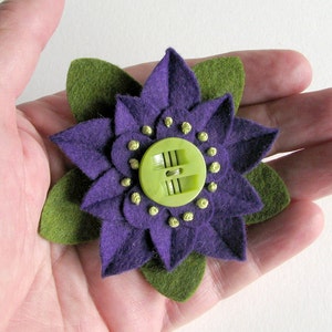 Purple and Green Felt Flower Pin with Chartruese Deco Vintage Button and French Knots image 3