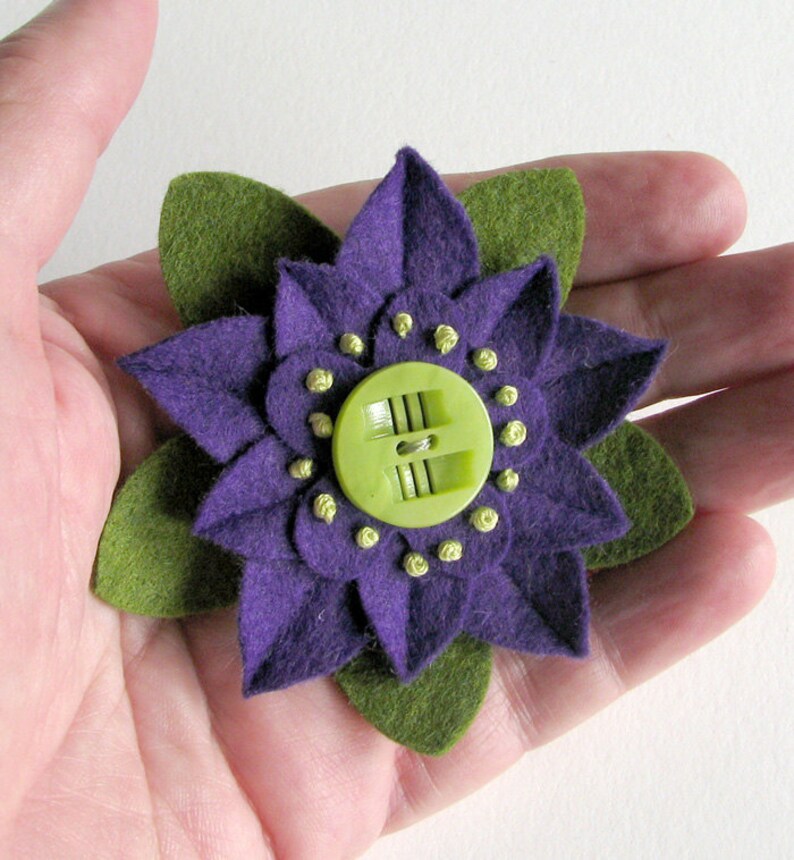 Purple and Green Felt Flower Pin with Chartruese Deco Vintage Button and French Knots image 3