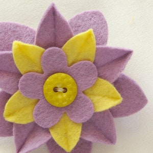 Yellow and Lilac Felt Flower Pin with Vintage Button Easter image 2