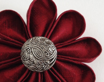 Flower Pin Garnet Red Silk with Fancy Silver Button Valentines