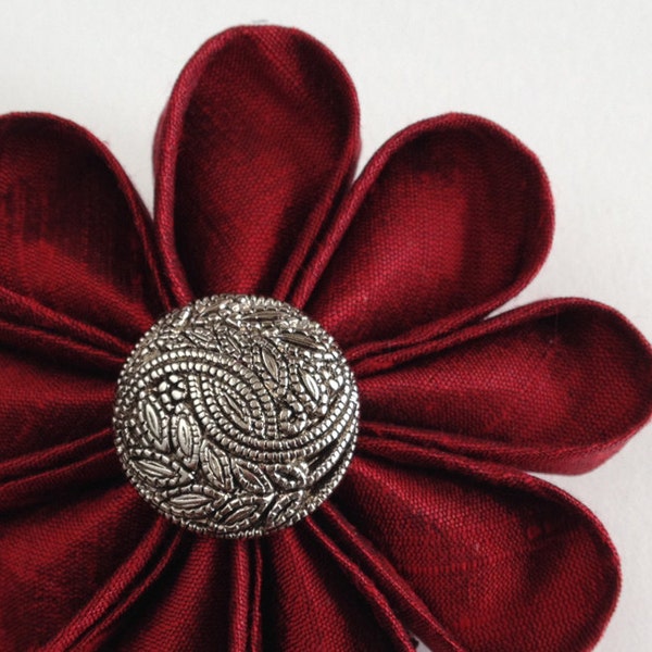 Flower Pin Garnet Red Silk with Fancy Silver Button Valentines