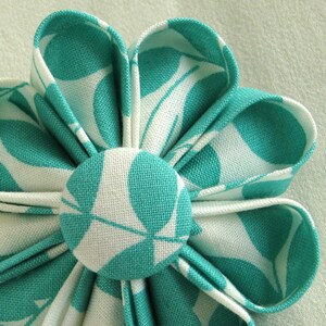 Aqua and White Leafy Print Flower Pin, Summer Fashion Accessory image 3