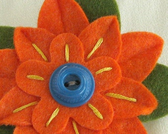 Orange Felt Flower Pin with Blue Vintage Button and Hand Embroidery