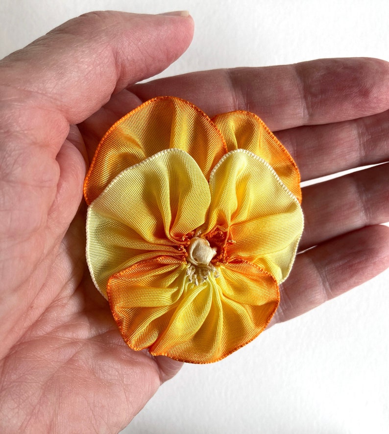 Warm Yellow Vintage French Ombre Ribbon Pansy Brooch Handmade image 1