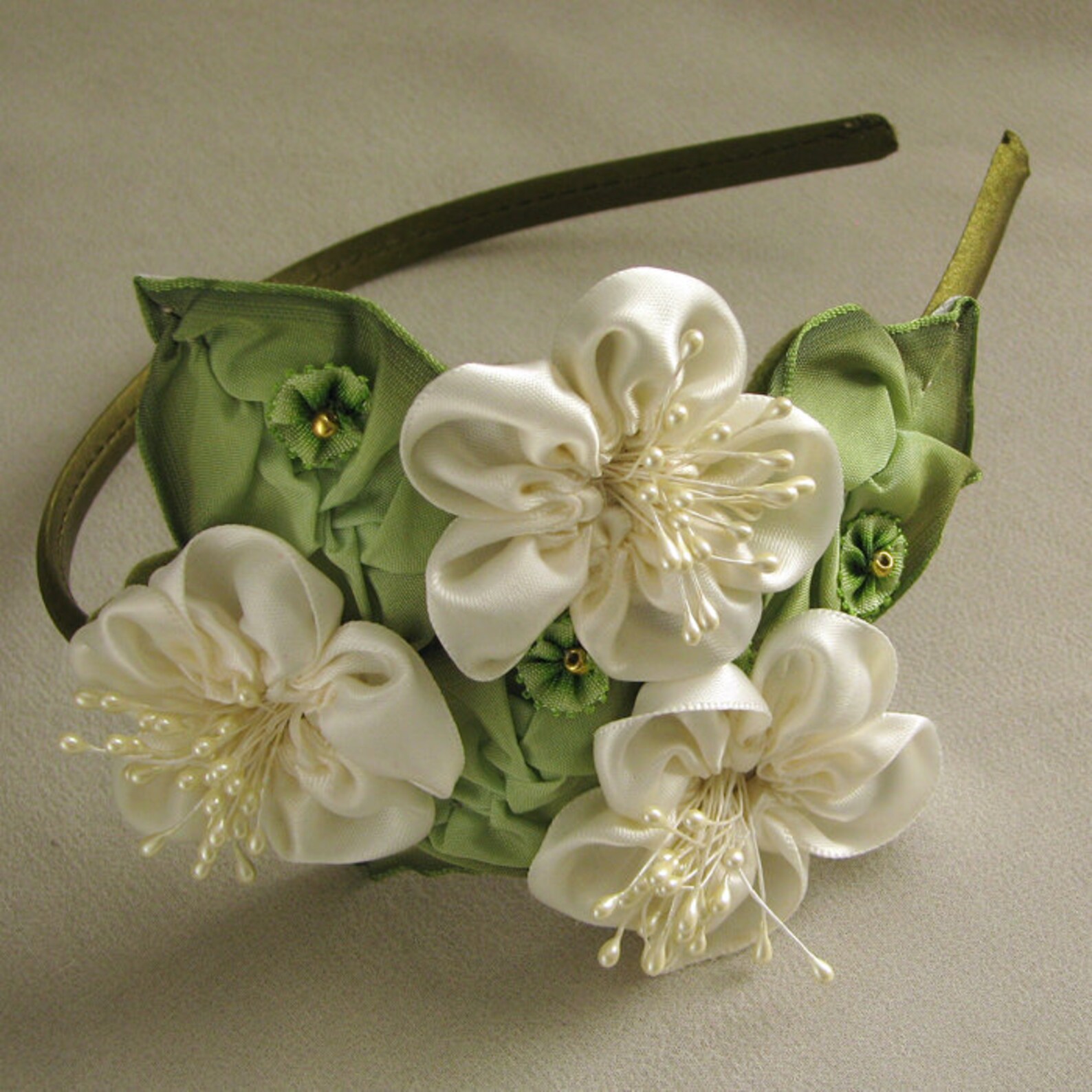 Ivory Silk Satin Bridal Flower Headband Handmade Ribbonwork Etsy
