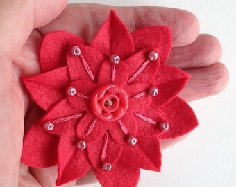 Felt Flower Pin Strawberry on Strawberry with Vintage Button, Hand Embroidery and Strawberry Pearl Beads